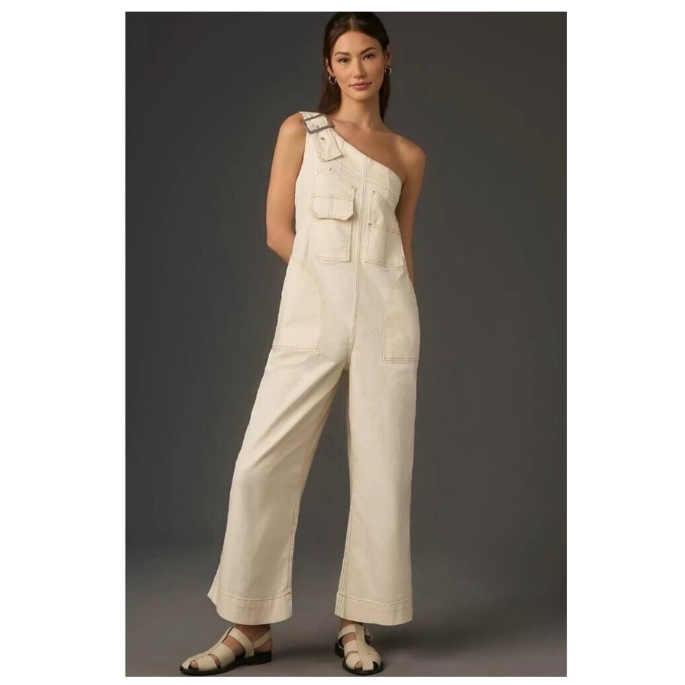 Pilcro One Shoulder Utility Denim Overalls Ivory Wide Leg Anthropologie XS